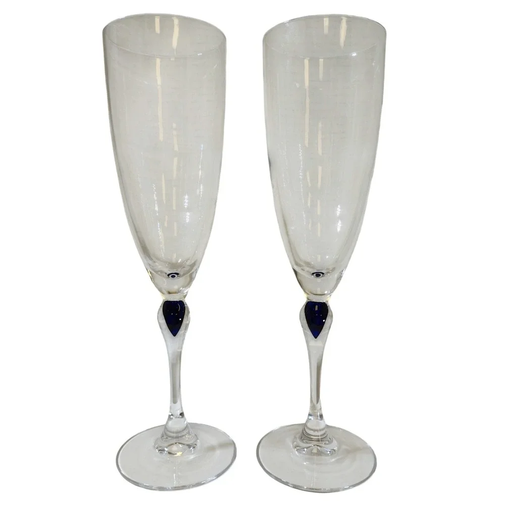 Cristal D'Arques Venice Saphir Blue Teardrop Champagne Flutes Set of 2 French